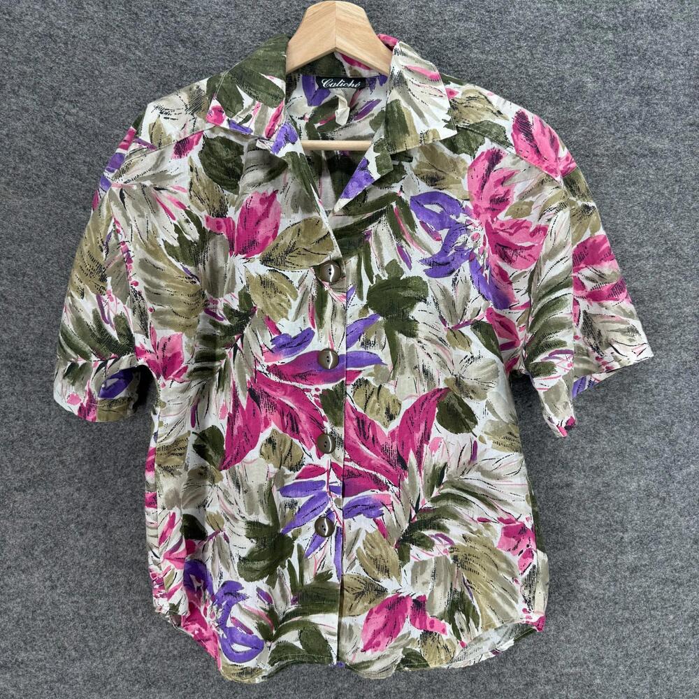 Caliche Shirt Women S Small Gray Floral Button Up Collared Short Sleeve Cotton